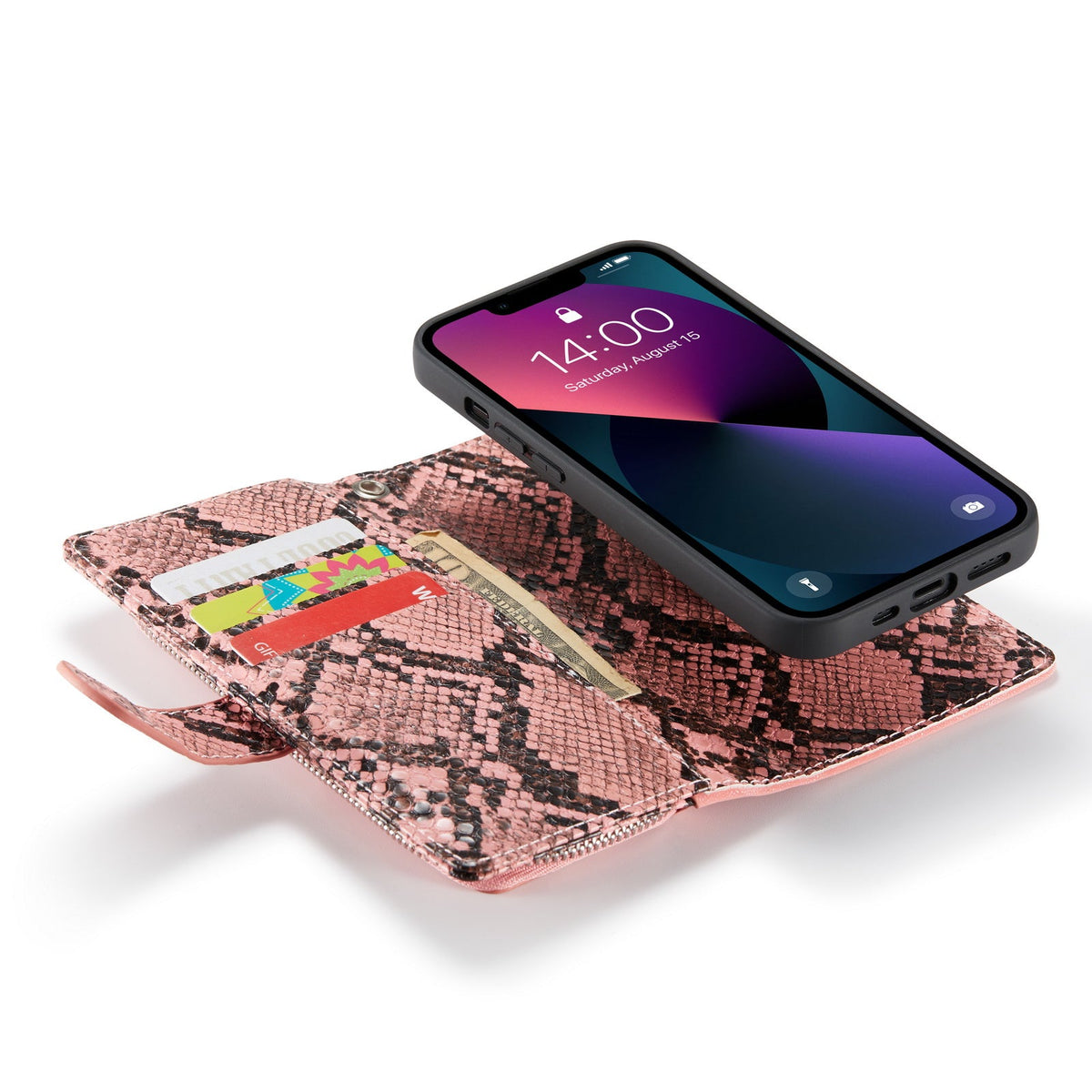 iPhone 13 Hoesje - Roze - Snake Luxe book Bookcase met Rits
