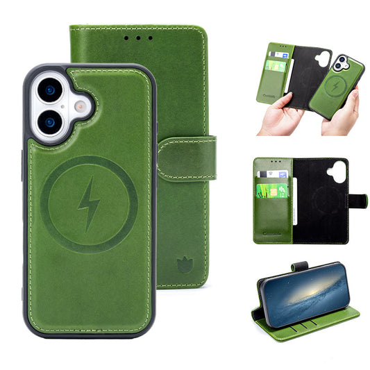 Apple iPhone 17 Case - Olive Green - Genuine Leather MagSafe Wallet Case