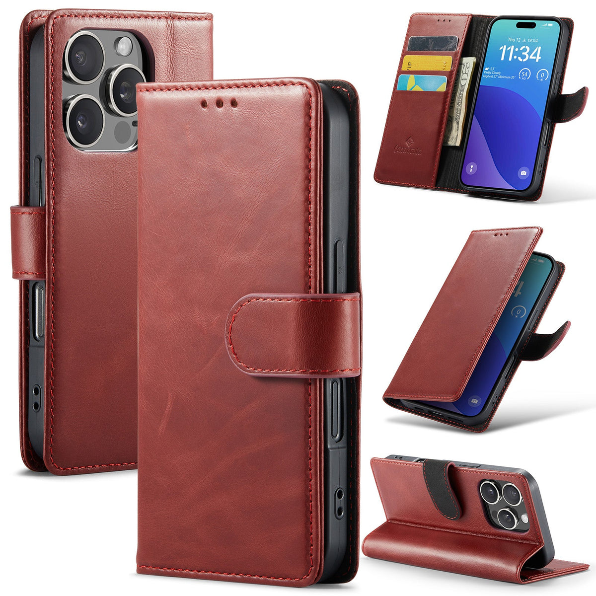Apple iPhone 16 Pro Max Hoesje - Rood - Echt Leren Bookcase