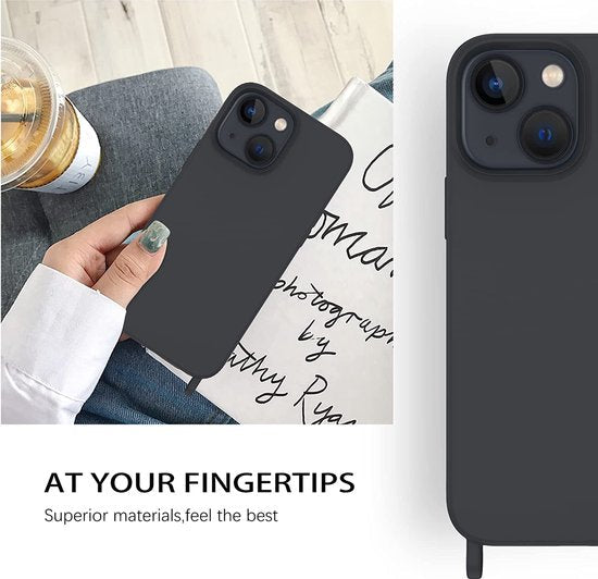 Apple iPhone 14 Plus Hoesje - Zwart - Siliconen Back Cover met Telefoonkoord
