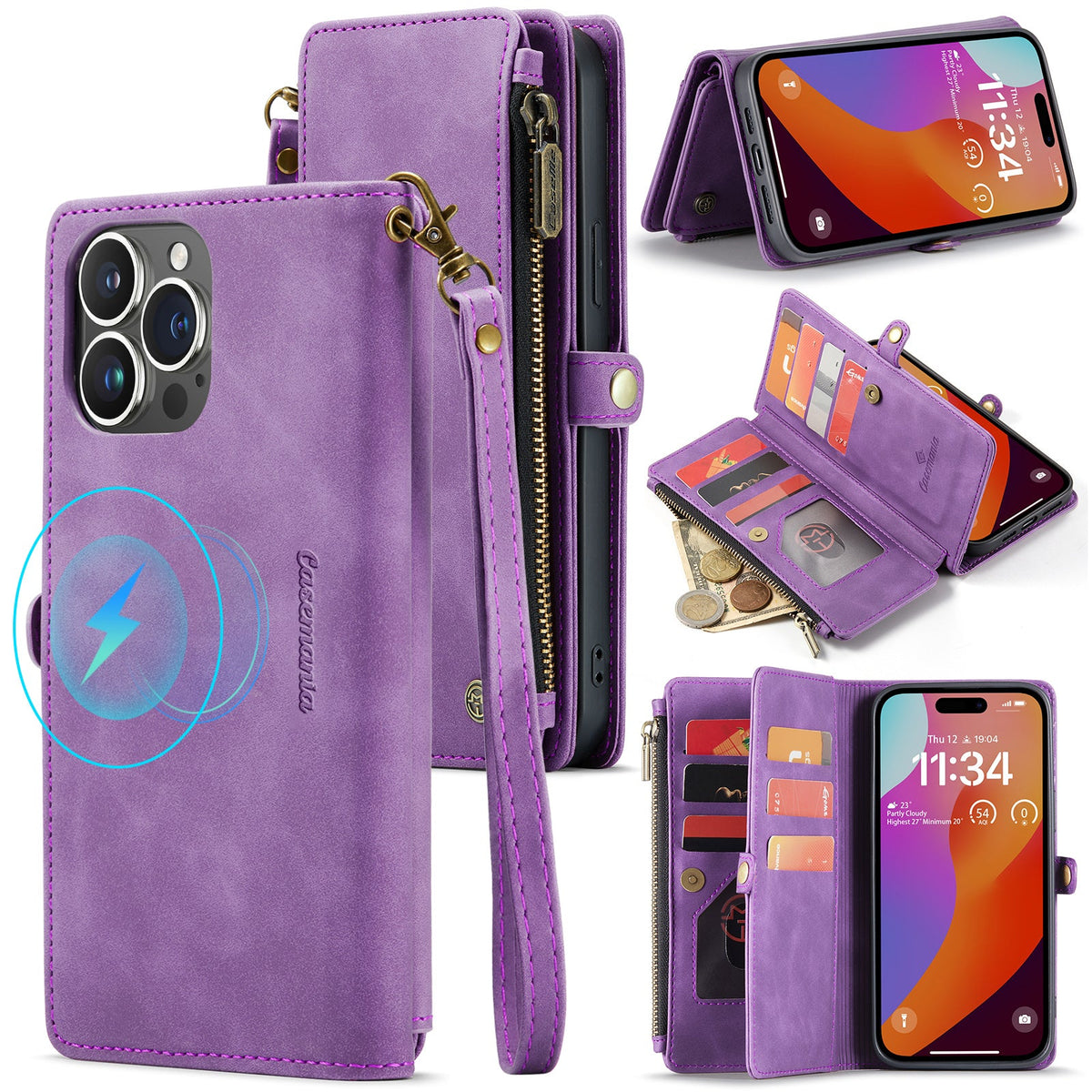Apple iPhone 15 Case - Bright Pink - Luxury MagSafe Wallet Case with Zipper and Phone Strap