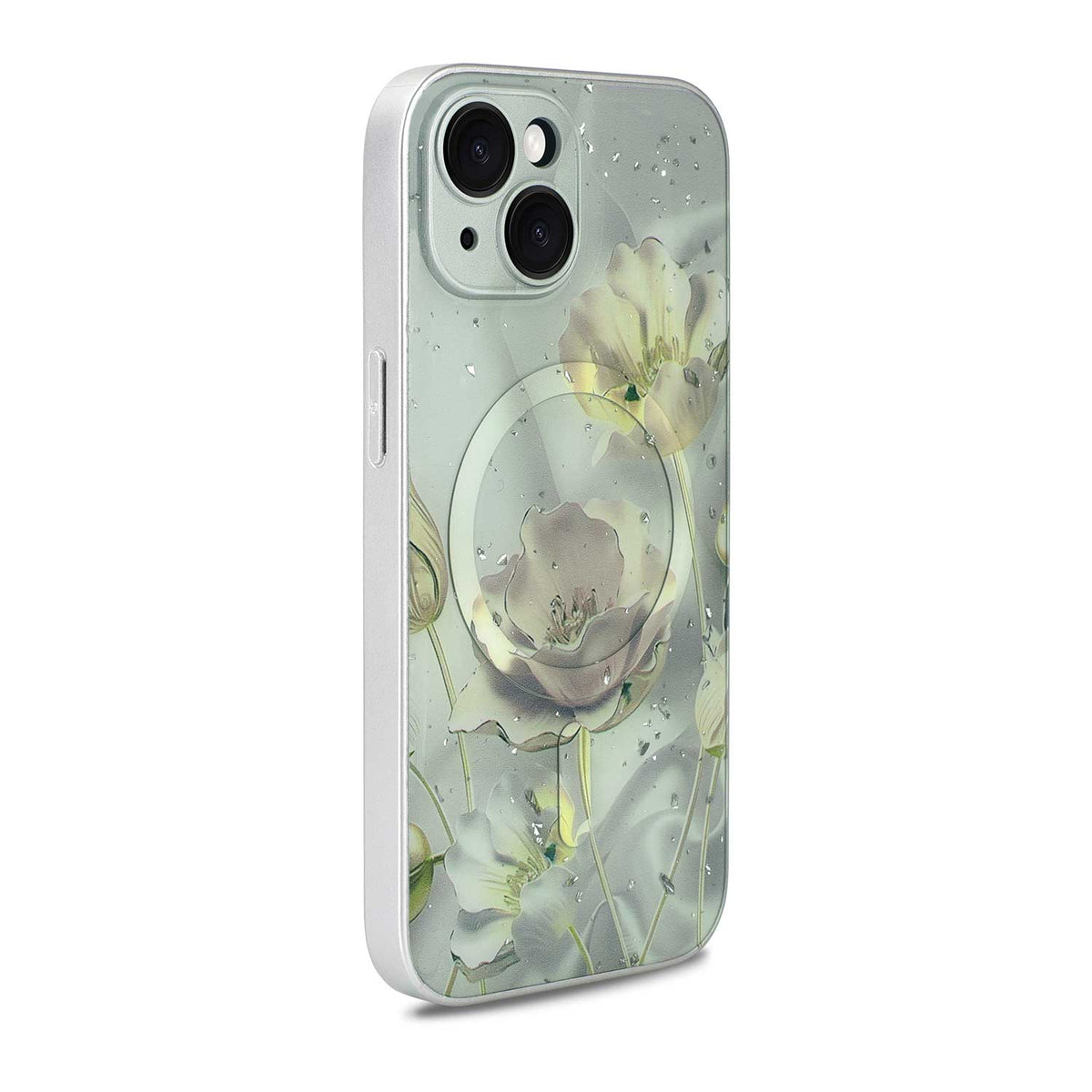 Apple iPhone 15 Hoesje - Grijs - Bloemen Glitter MagSafe Back Cover