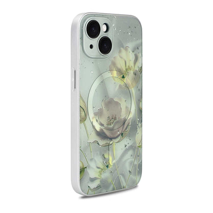 Apple iPhone 15 Hoesje - Grijs - Bloemen Glitter MagSafe Back Cover