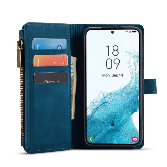 Samsung Galaxy S23 Plus Hülle - Navy Blue - Luxus-Klapphülle mit Kartenfach und Reißverschluss
