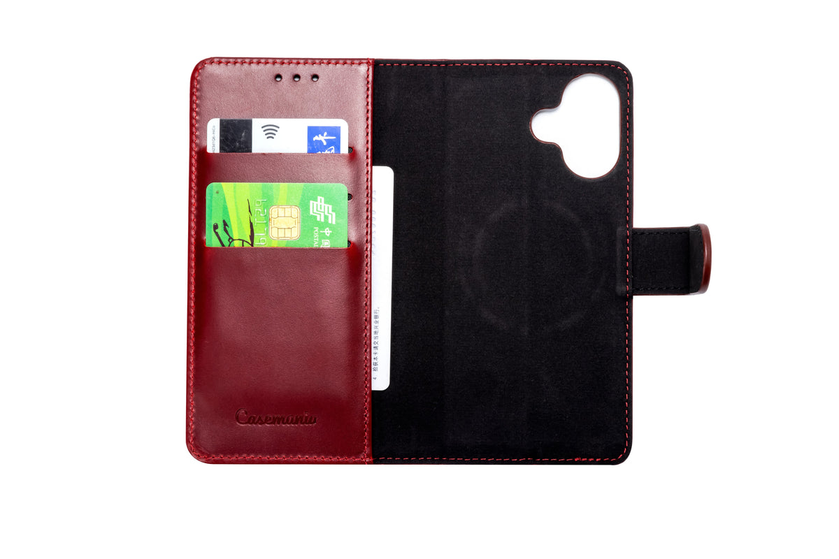 Apple iPhone 17 Hülle - Maroon Red - Echtleder MagSafe Klapphülle mit Kartenfach