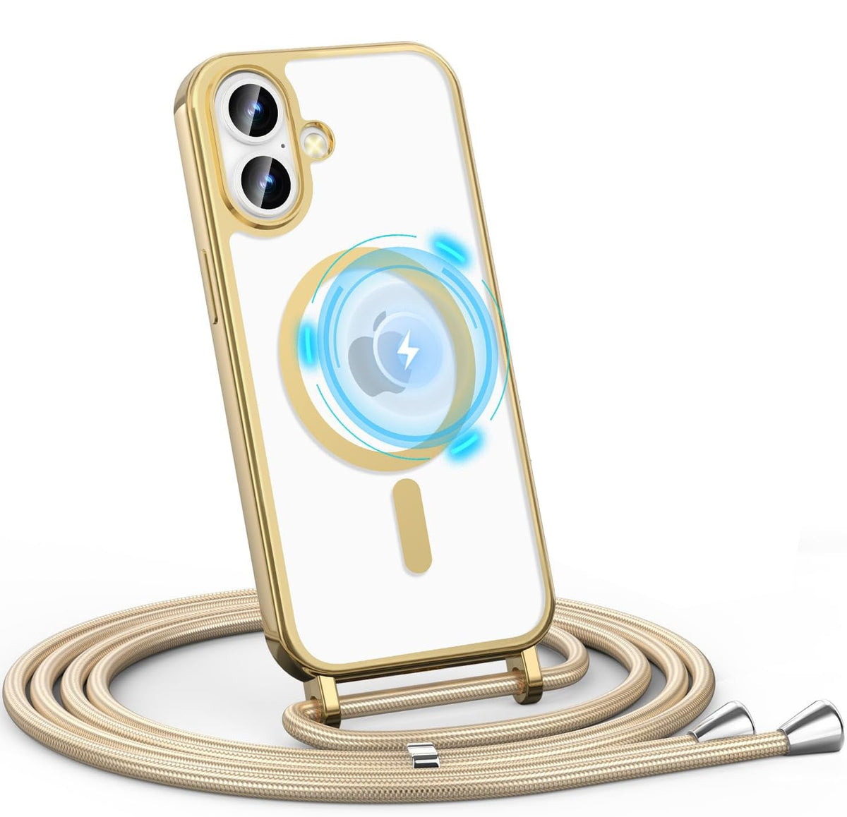 iPhone 16 Hoesje - Goud - Siliconen MagSafe Back Cover met Telefoonkoord