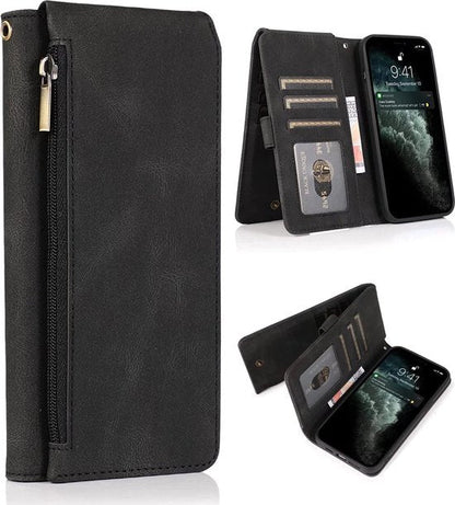 Apple iPhone 13 Pro Hoesje - Zwart - Extra Stevige Luxe Bookcase met Rits en Vakken