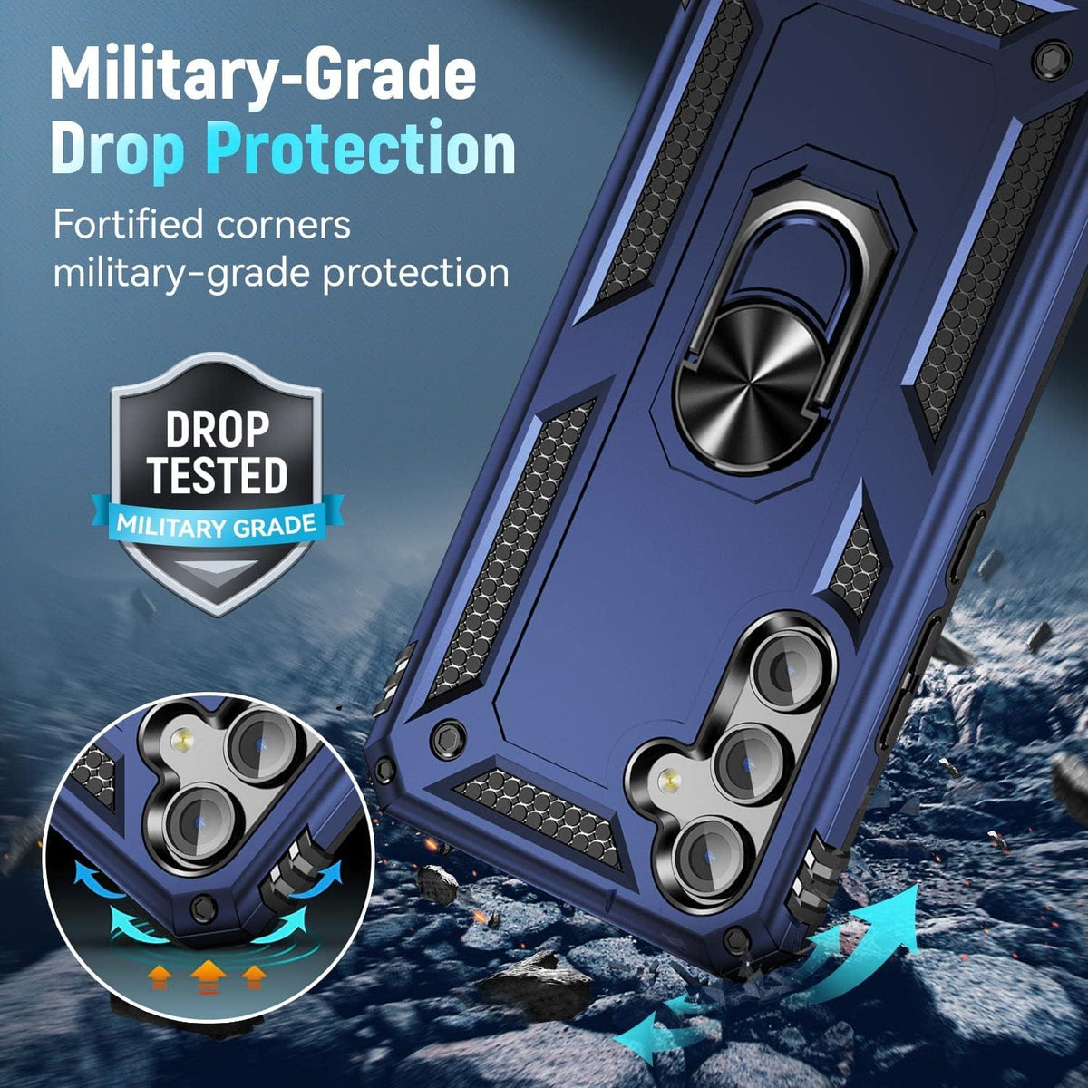 Samsung Galaxy A15 Hoesje - Blauw - Hybride Armor Kickstand Back Cover met Magneetring