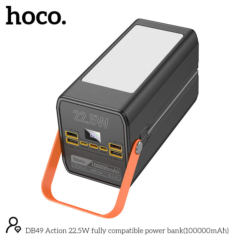 Hoco Powerbank 100.000mAh 22.5W met Ingebouwde Kabels - Zwart