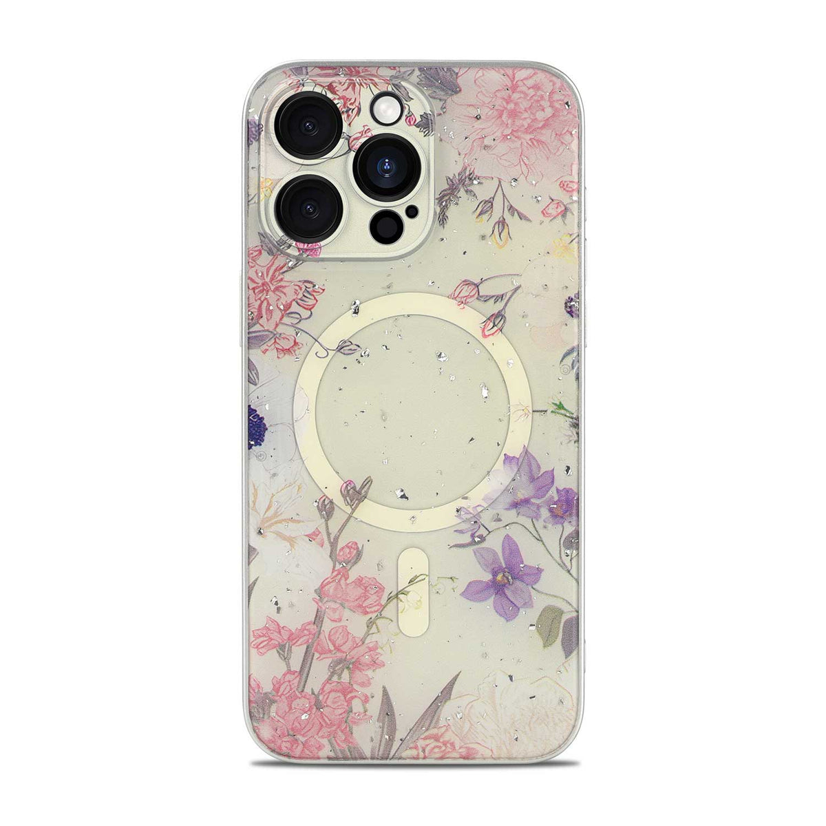 Apple iPhone 15 Pro Hoesje - Roze - Bloemen Glitter MagSafe Back Cover