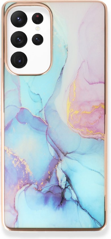 Samsung Galaxy S23 Ultra Hoesje - Blauw - Siliconen Marmer Back Cover