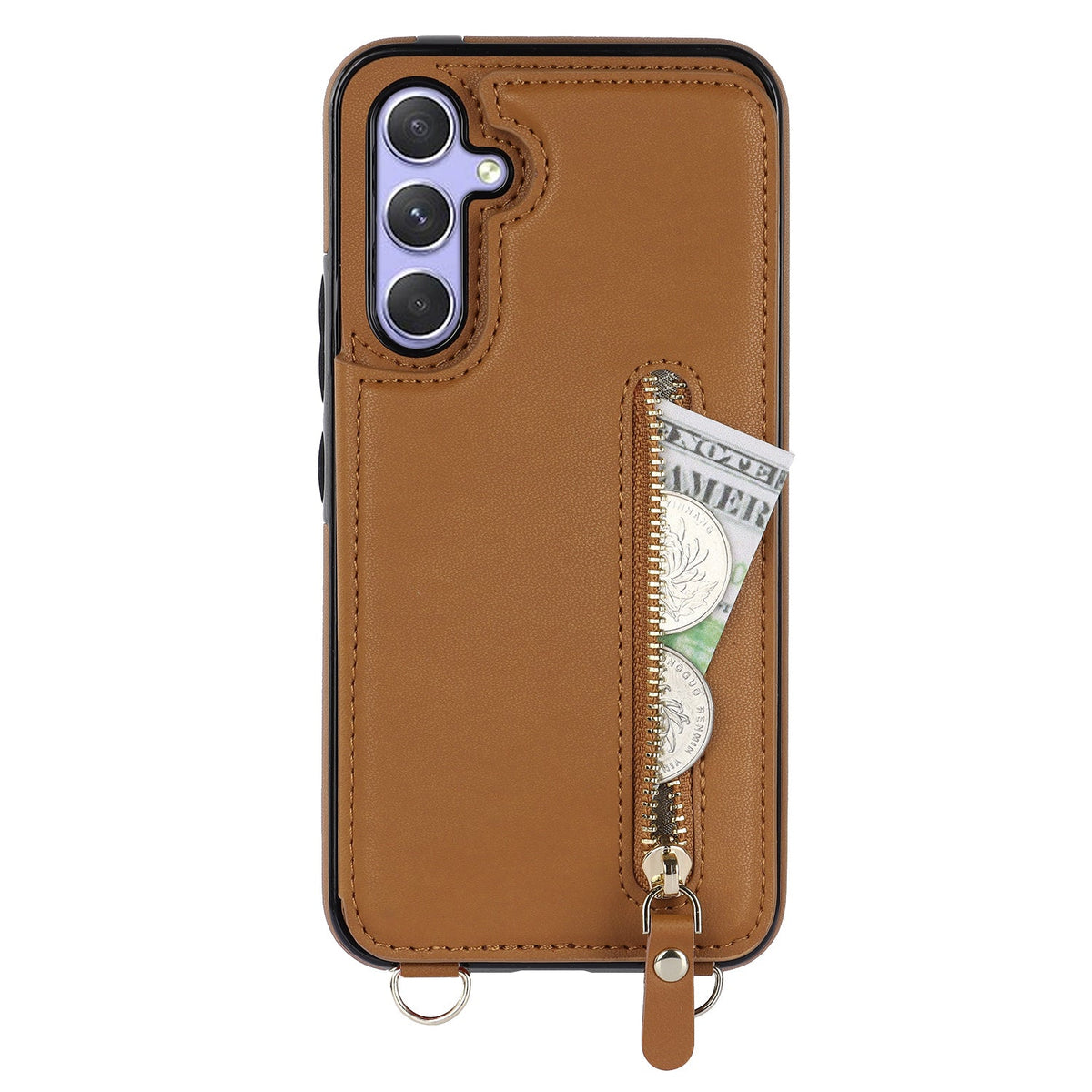 Samsung Galaxy A14 4G Hoesje - Bruin - Luxe Back Cover met Telefoonkoord en Rits