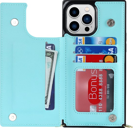 Apple iPhone 14 Pro Max Hoesje - Turquoise - Luxe Back Cover met Telefoonkoord en Rits