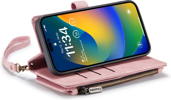 Apple iPhone 14 Pro Hoesje - Pale Pink - Luxe Bookcase met Rits en Telefoonkoord