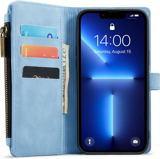Apple iPhone 13 Pro Hülle - Sky Blue - Luxus-Klapphülle mit Kartenfach und Reißverschluss