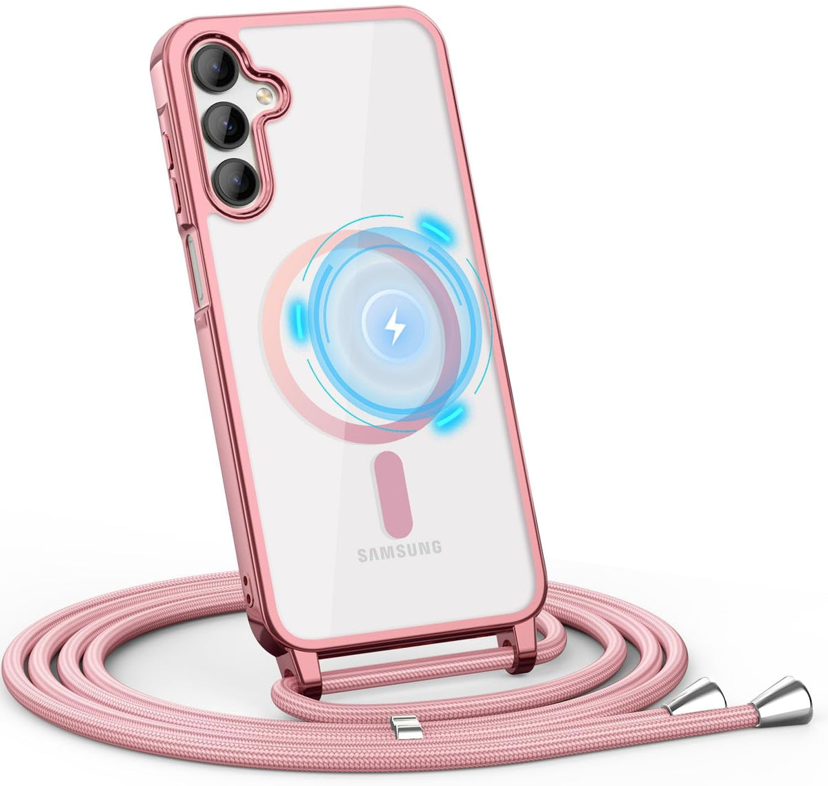 Samsung Galaxy A37 Hoesje - Rosegoud - Siliconen MagSafe Back Cover met Telefoonkoord