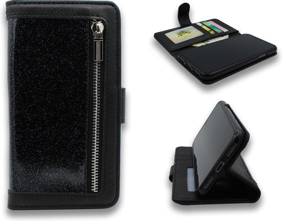 Apple iPhone 12 Mini Hoesje - Zwart - Glitter Luxe Bookcase met Rits