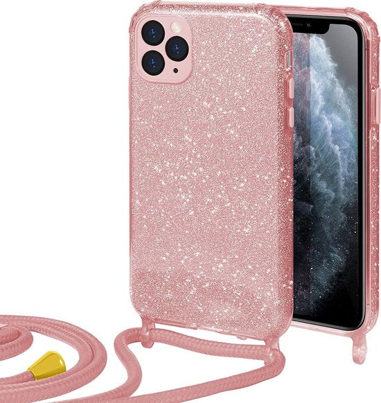 Apple iPhone 12 Pro Max Hoesje - Roze - Glitter Back Cover met Telefoonkoord