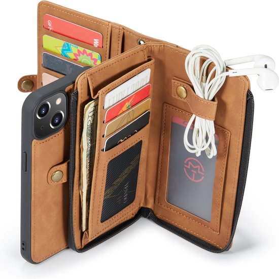 Apple iPhone 13 Hoesje - Sienna Brown - Luxe 2 in 1 Bookcase met 10 Kaart Vakken en Polskoord