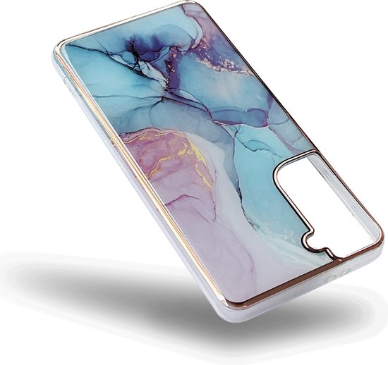 Samsung Galaxy S21 FE Hoesje - Blauw - Siliconen Marmer Back Cover