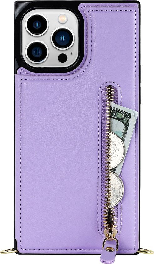 Apple iPhone 14 Pro Max Hoesje - Paars - Luxe Back Cover met Telefoonkoord en Rits