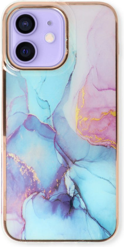 Apple iPhone 12 Hoesje - Blauw - Siliconen Marmer Back Cover