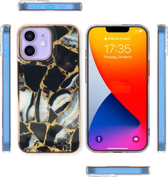Apple iPhone 12 Hoesje - Zwart - Siliconen Marmer Back Cover