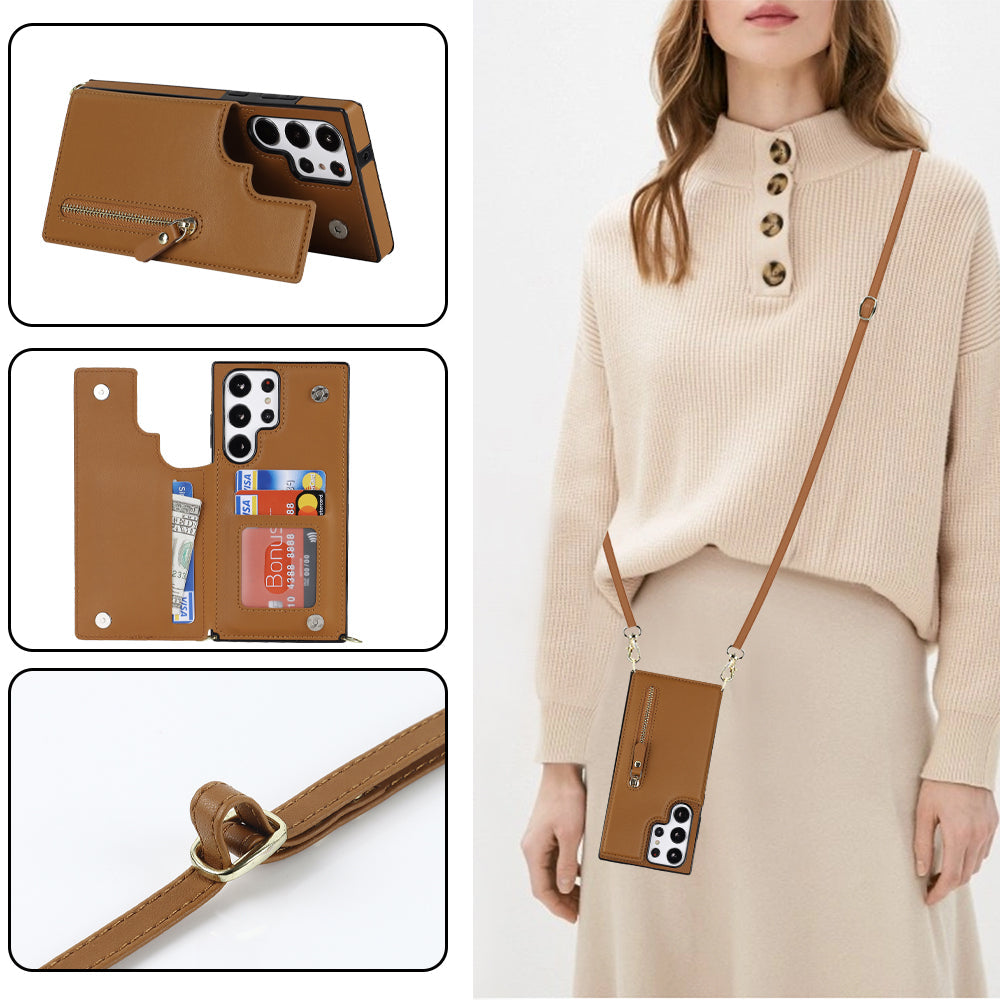 Samsung Galaxy S24 Ultra Hoesje - Bruin - Luxe Back Cover met Telefoonkoord en Rits