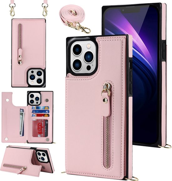 Apple iPhone 15 Pro Hoesje - Roze - Luxe Back Cover met Telefoonkoord en Rits