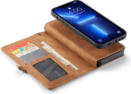 Apple iPhone 13 Pro Hoesje - Sienna Brown - Luxe 2 in 1 Bookcase met 10 Kaart Vakken en Polskoord