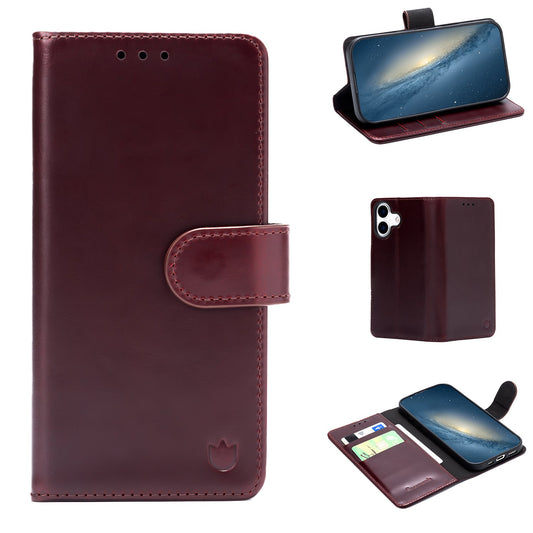Apple iPhone 17 Case - Burgundy Red - Genuine Leather Wallet Case