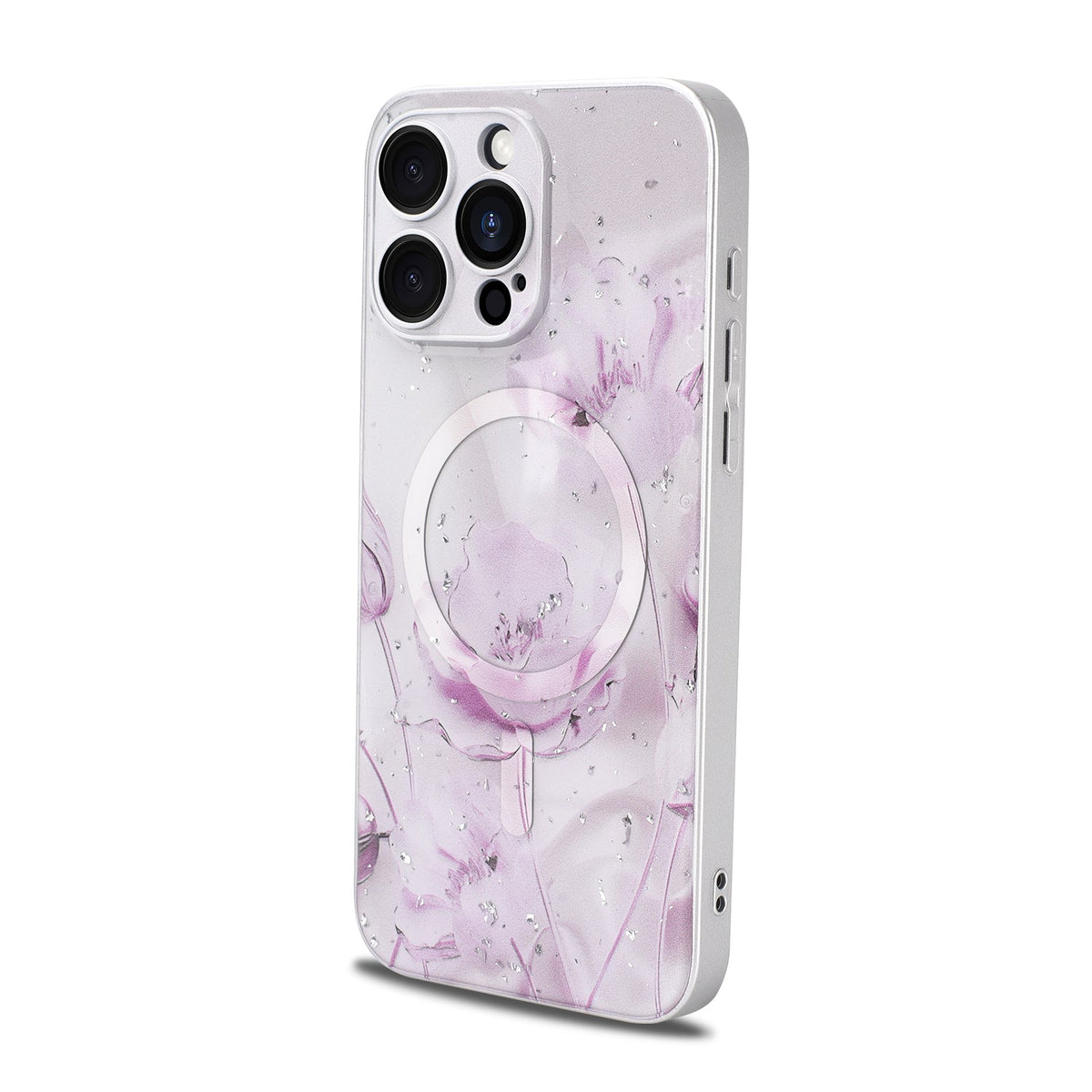 Apple iPhone 14 Pro Hoesje - Licht Roze - Bloemen Glitter MagSafe Back Cover