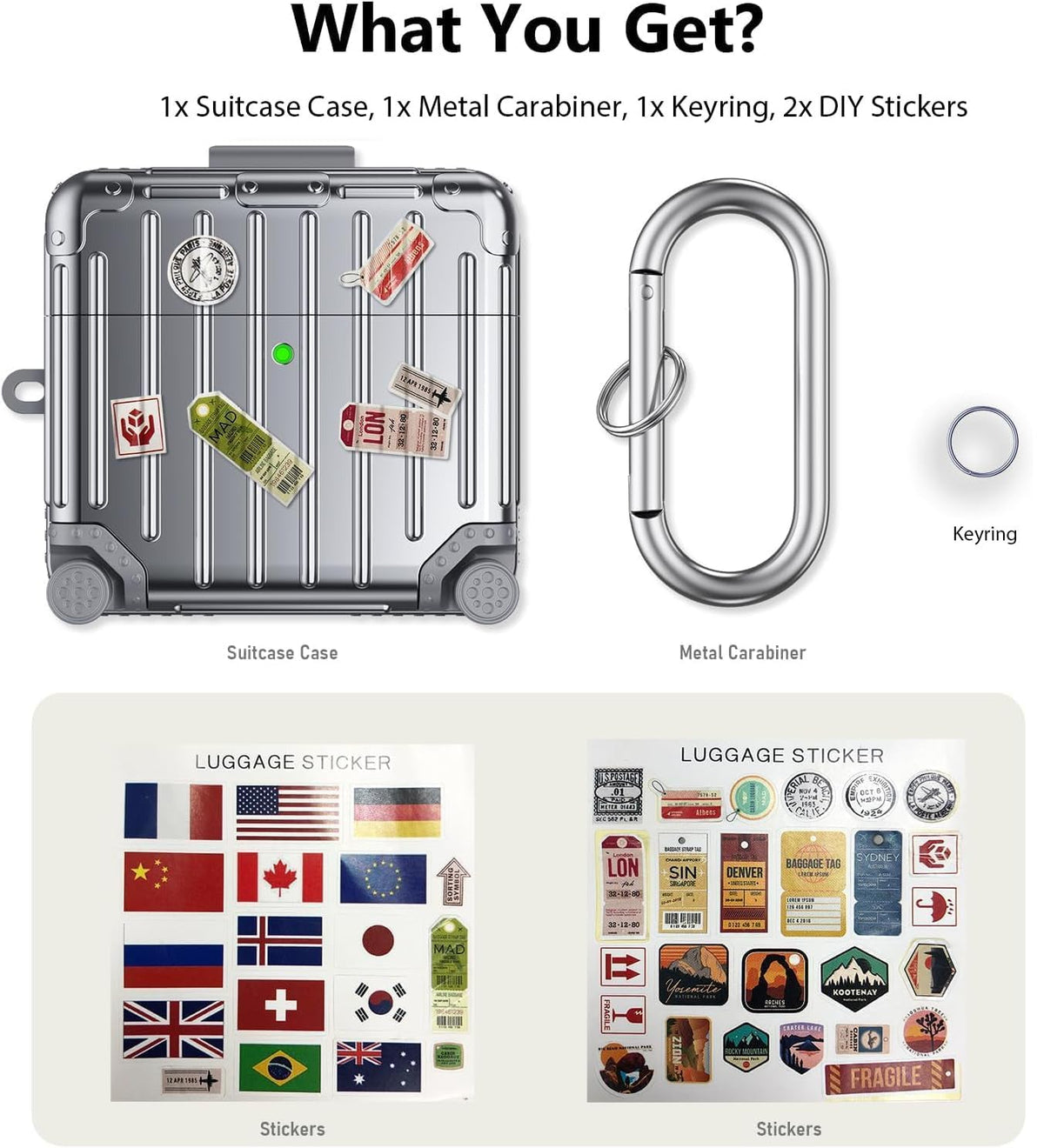 Apple AirPods 4 Hoesje - Koffer Suit Case met Stickers - Zilver