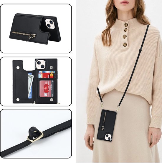 Apple iPhone 15 Plus Hoesje - Zwart - Luxe Back Cover met Telefoonkoord en Rits