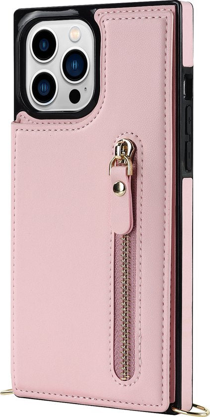 Apple iPhone 15 Pro Hoesje - Roze - Luxe Back Cover met Telefoonkoord en Rits