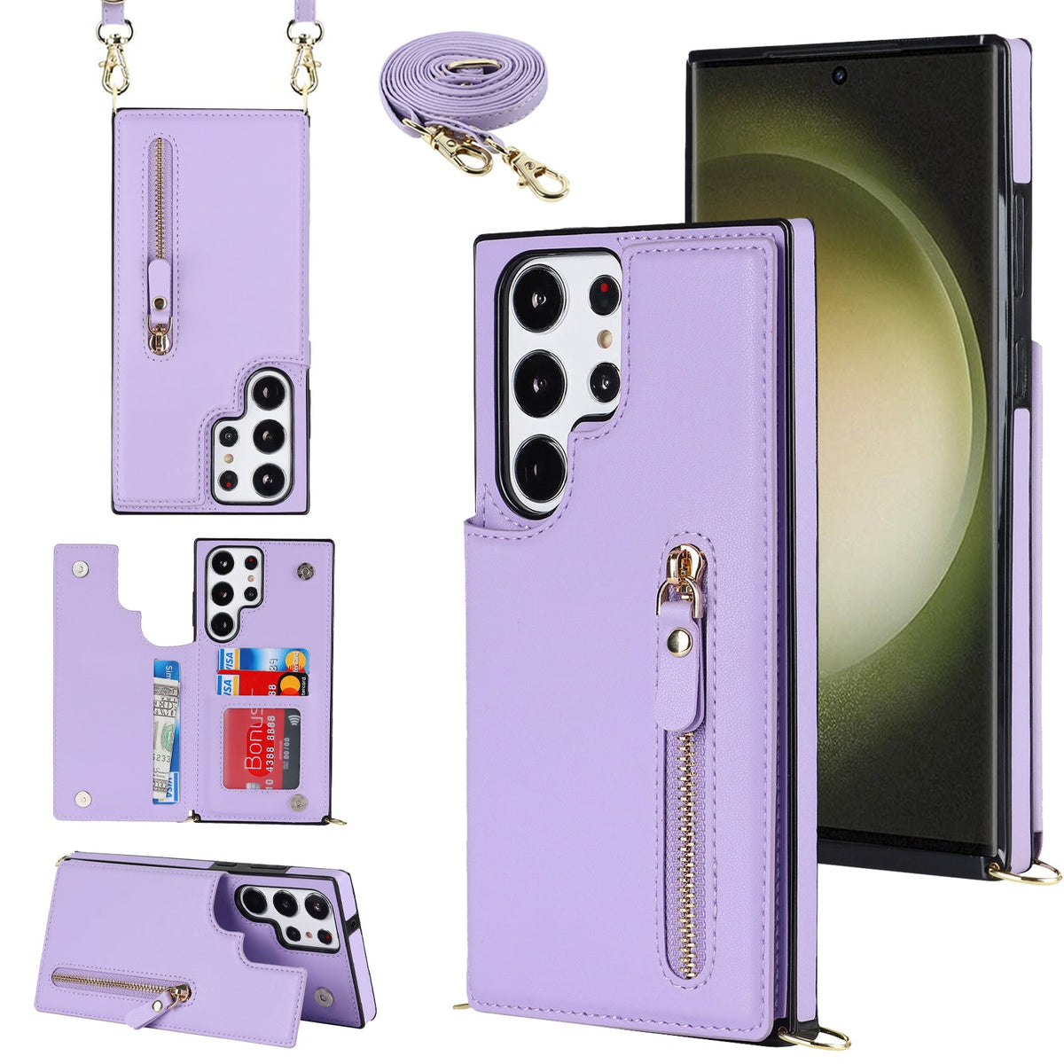 Coque Samsung Galaxy S24 Ultra - Violet - Étui arrière de luxe avec cordon et fermeture éclair