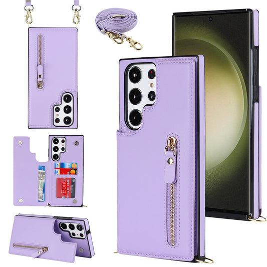 Samsung Galaxy S23 Ultra Case - Purple - Luxury Back Cover with Phone Strap and Zipper