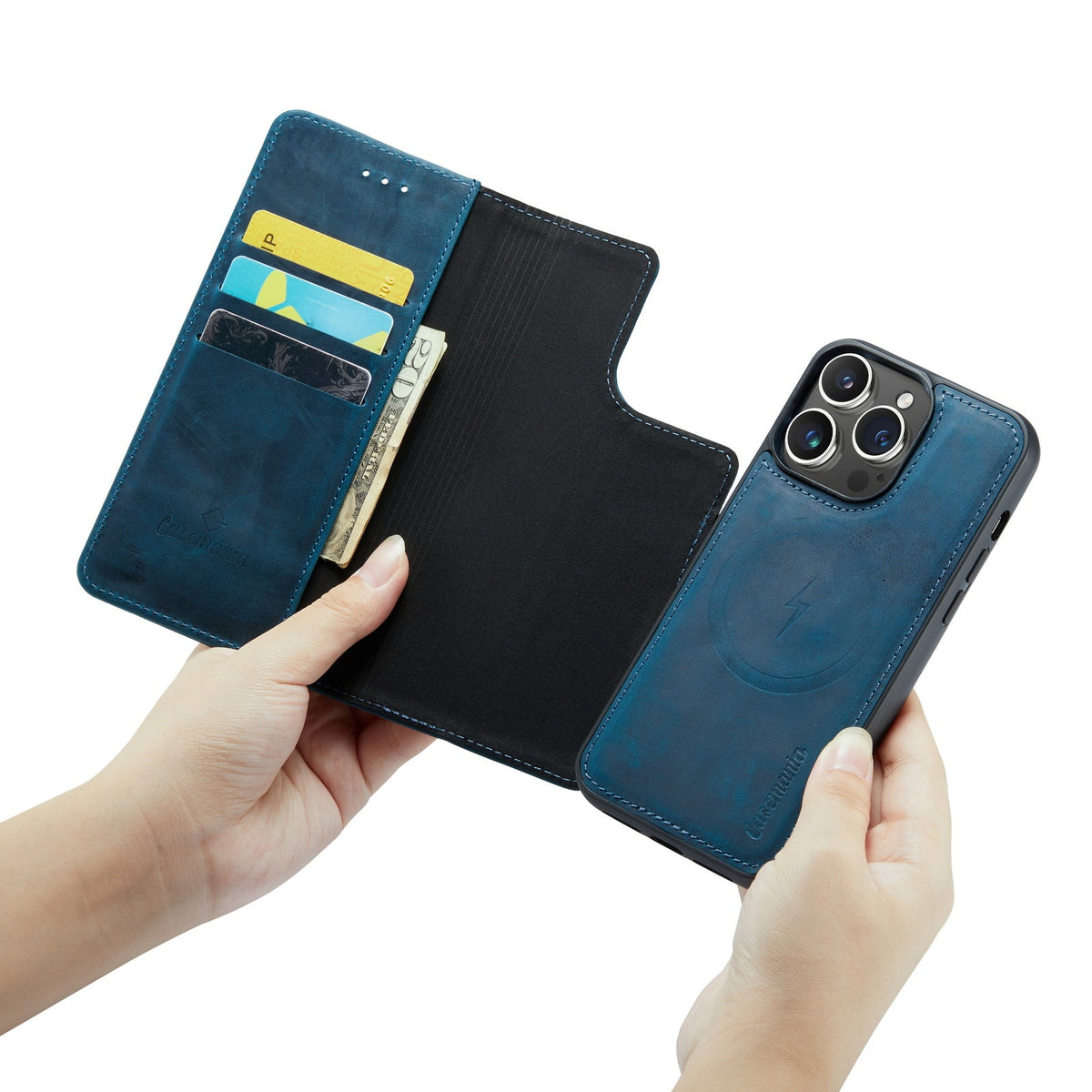 Apple iPhone 15 Pro Hoesje - Navy Blue - Echt Leren 2 in 1 MagSafe Bookcase
