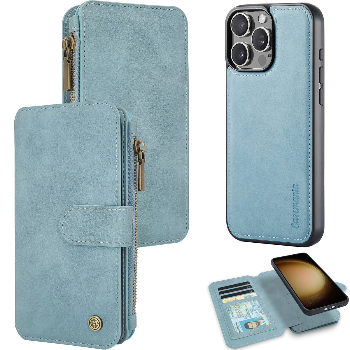 Apple iPhone 16 Pro Max Case - Aqua Blue - 2-in-1 Wallet Case with Zipper