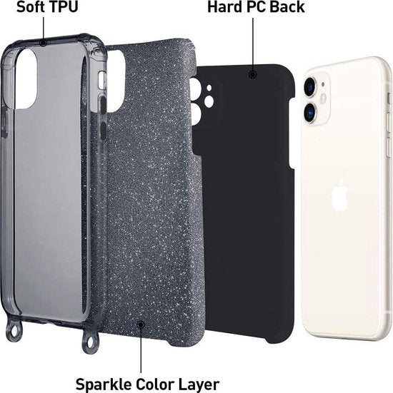 Samsung Galaxy A02s Hoesje - Zwart - Glitter Back Cover met Telefoonkoord