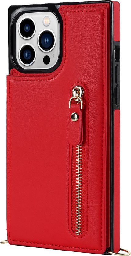Apple iPhone 14 Pro Hoesje - Rood - Luxe Back Cover met Telefoonkoord en Rits
