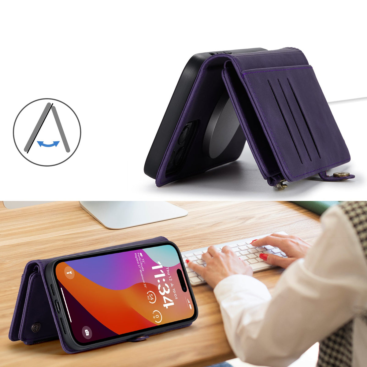 Apple iPhone 15 Pro Hoesje - Dark Purple - Luxe MagSafe Bookcase met Rits en Telefoonkoord