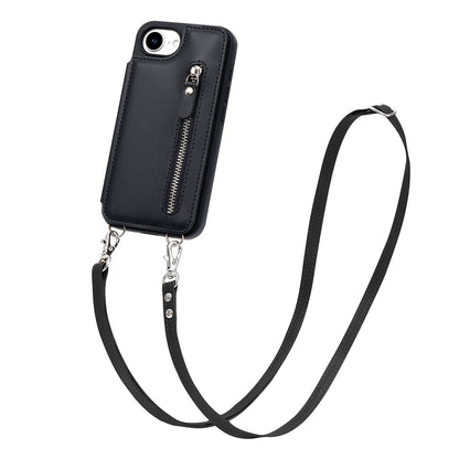 Coque iPhone 16e - Noir - Étui arrière de luxe avec cordon de téléphone et fermeture éclair
