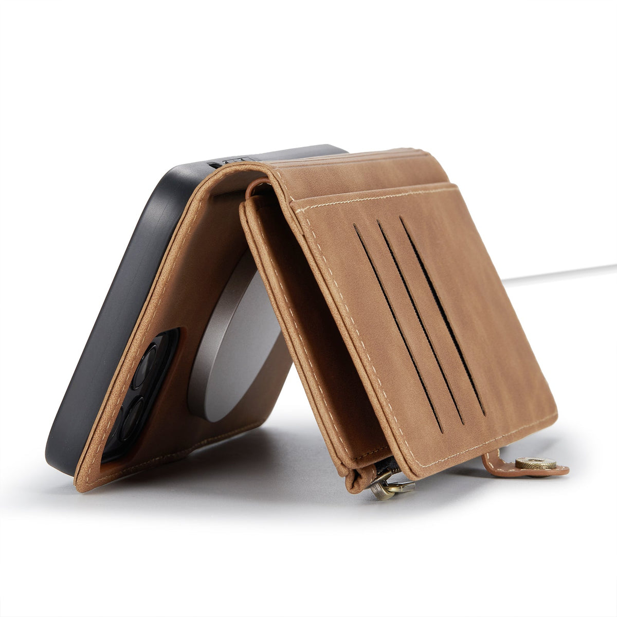 Apple iPhone 15 Pro Hoesje - Sienna Brown - Luxe Portemonnee MagSafe Bookcase met Rits en Telefoonkoord