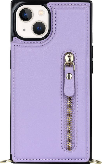 Apple iPhone 14 Hoesje - Paars - Luxe Back Cover met Telefoonkoord en Rits