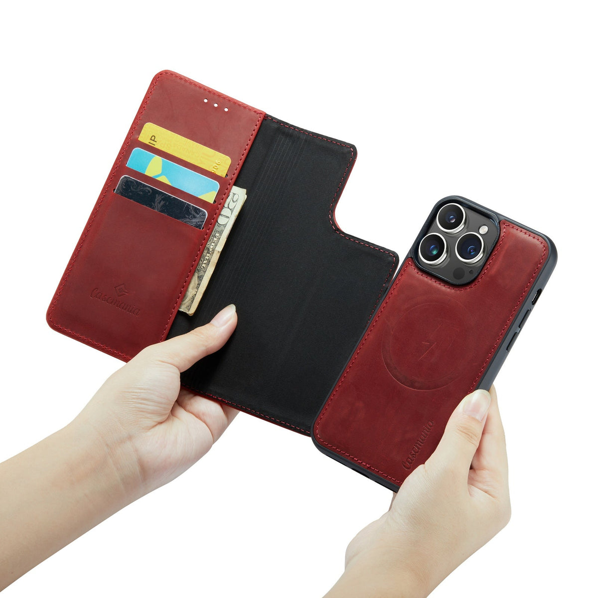 Apple iPhone 15 Pro Hoesje - Crimson Red - Echt Leren 2 in 1 MagSafe Bookcase
