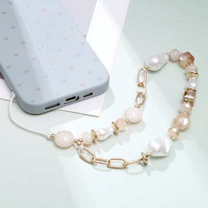 Casemania Universal Phone Chain - Gold-Coloured Links & Baroque Pearls - Wrist Strap with Champagne Beads - Wristlet Charm Strap - Sturdy Mobile Armband