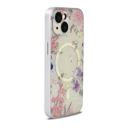 Apple iPhone 14 Hoesje - Roze - Bloemen Glitter MagSafe Back Cover