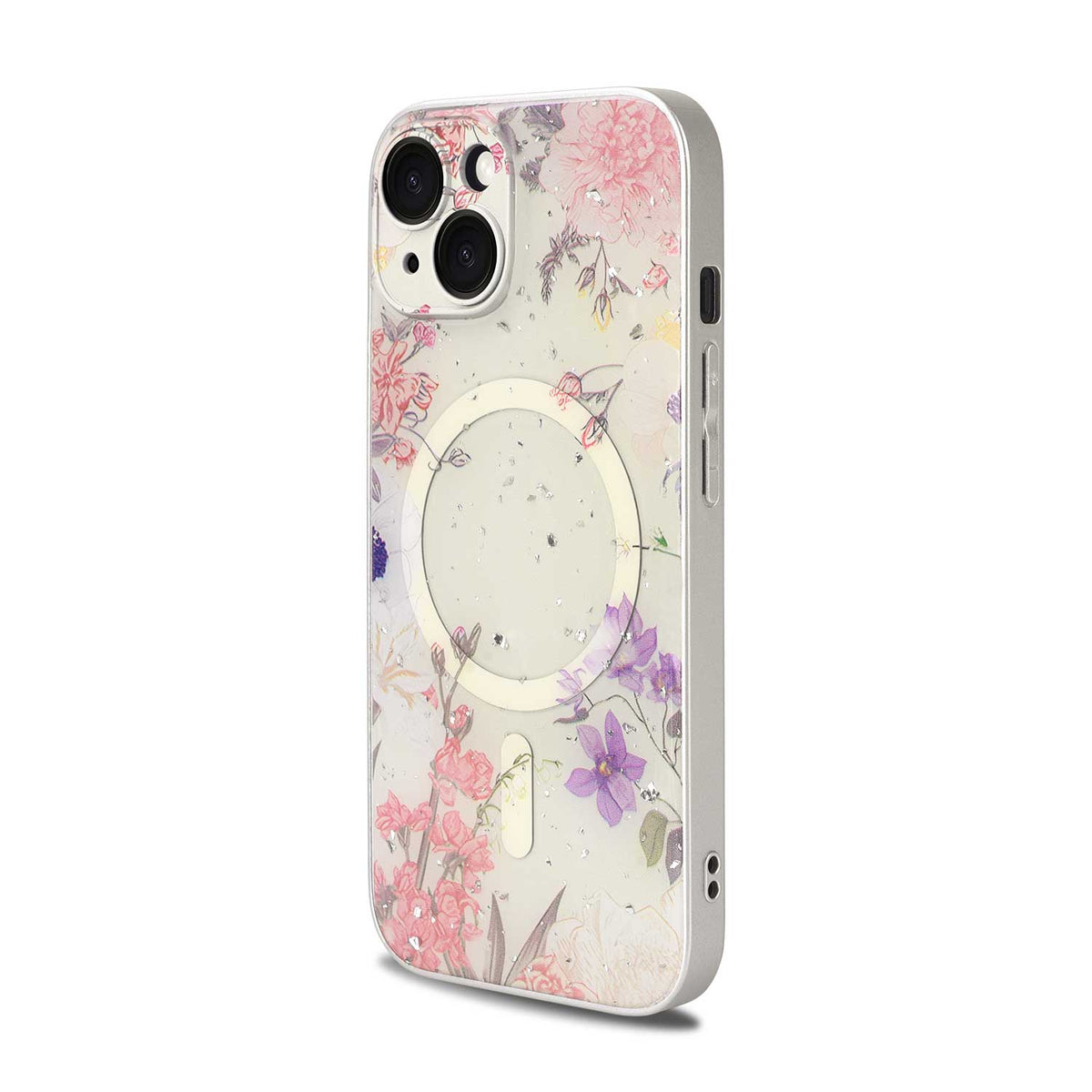 Apple iPhone 14 Hoesje - Roze - Bloemen Glitter MagSafe Back Cover