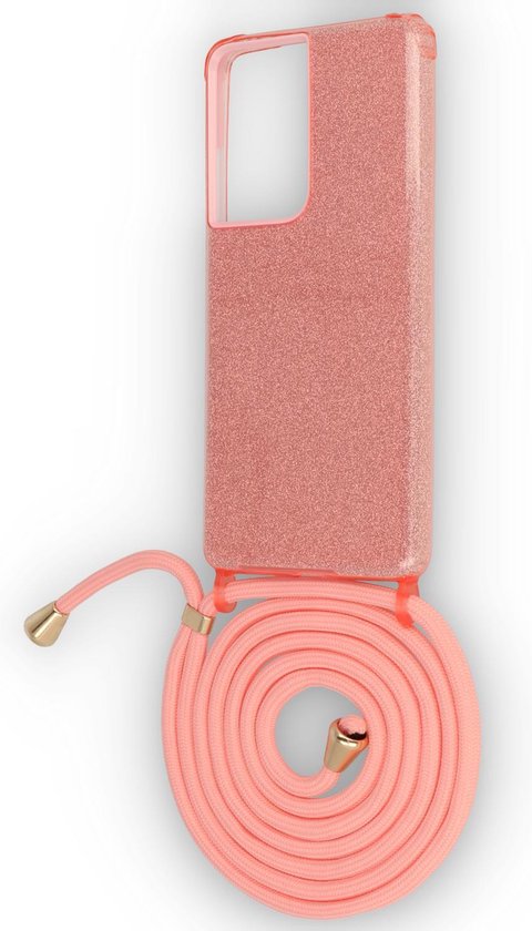 Samsung Galaxy S21 Ultra Hoesje - Roze - Glitter Back Cover met Telefoonkoord